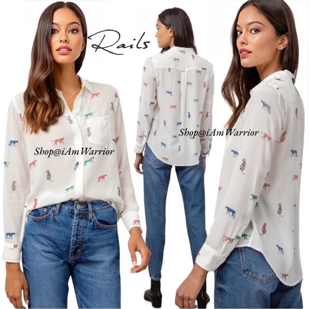 Rails Colorful Cat Print Long Sleeve Collared Vis… - image 1